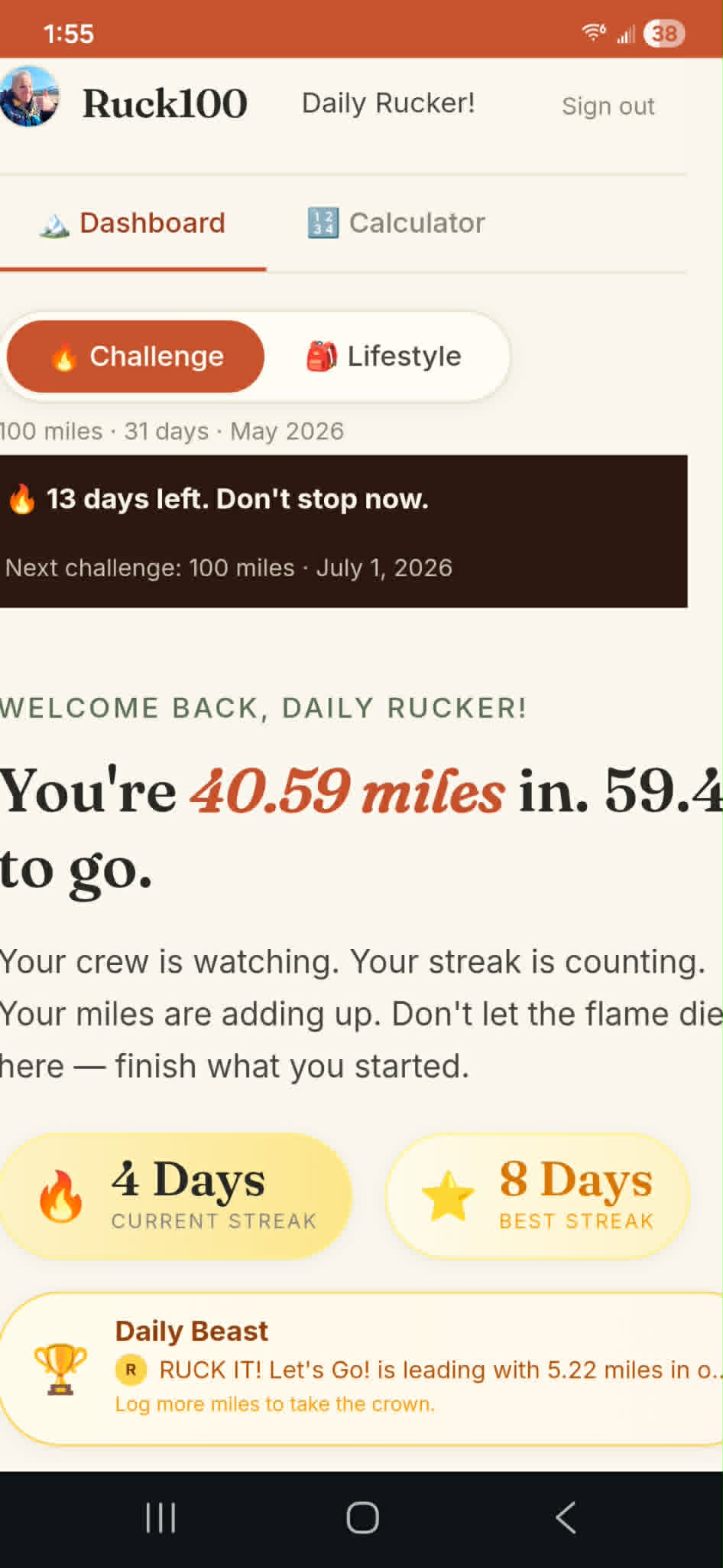 Challenge dashboard with countdown and Daily Beast