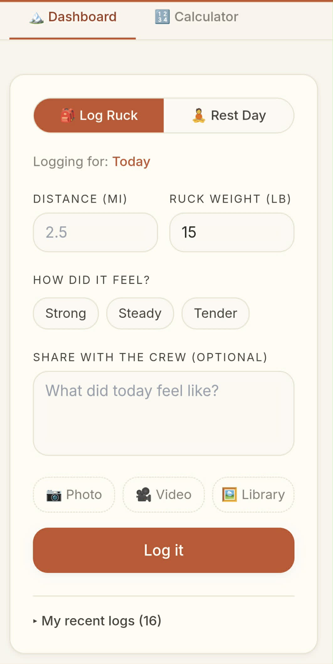 Log your ruck screen