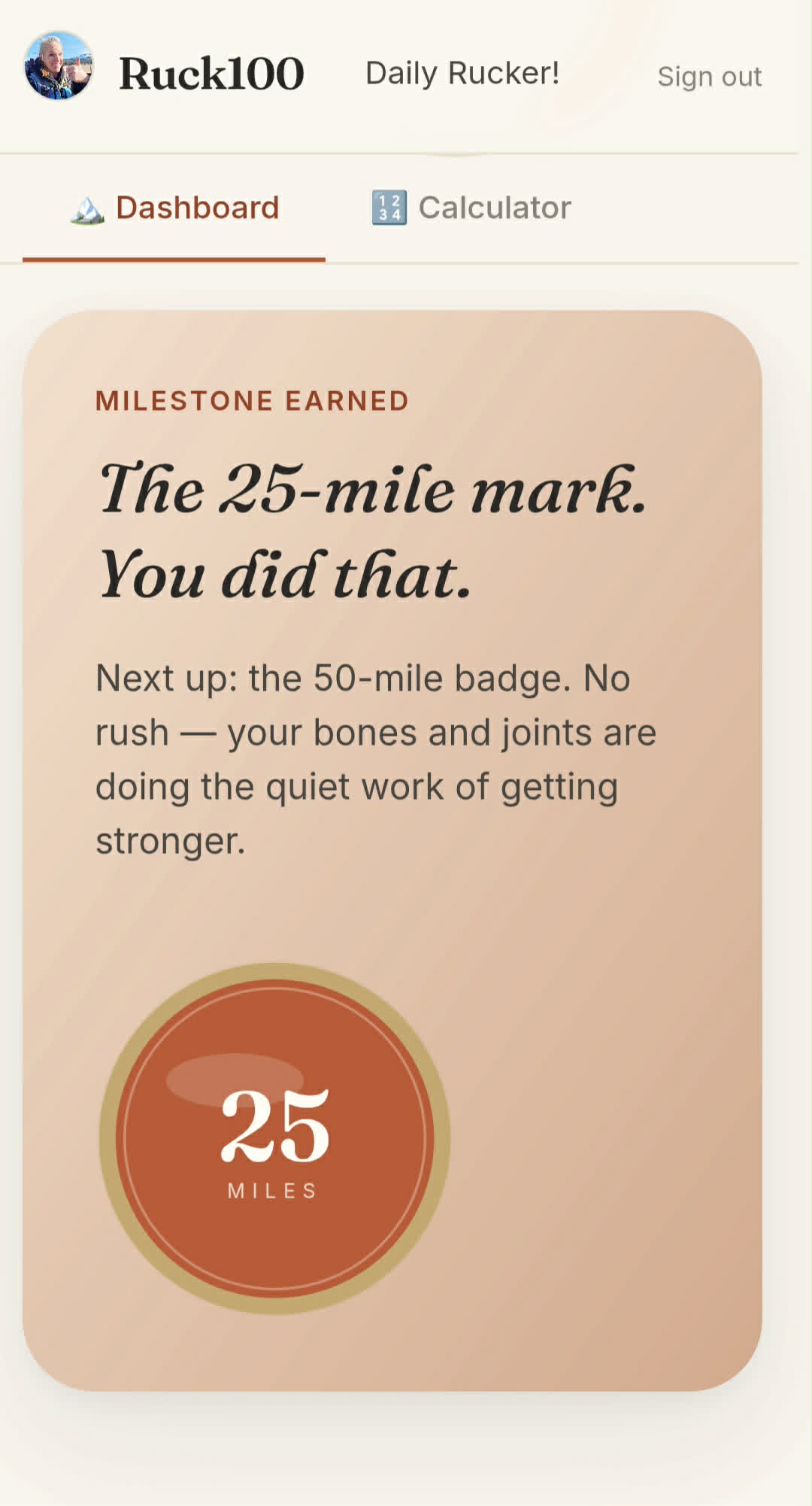 25 mile milestone badge celebration