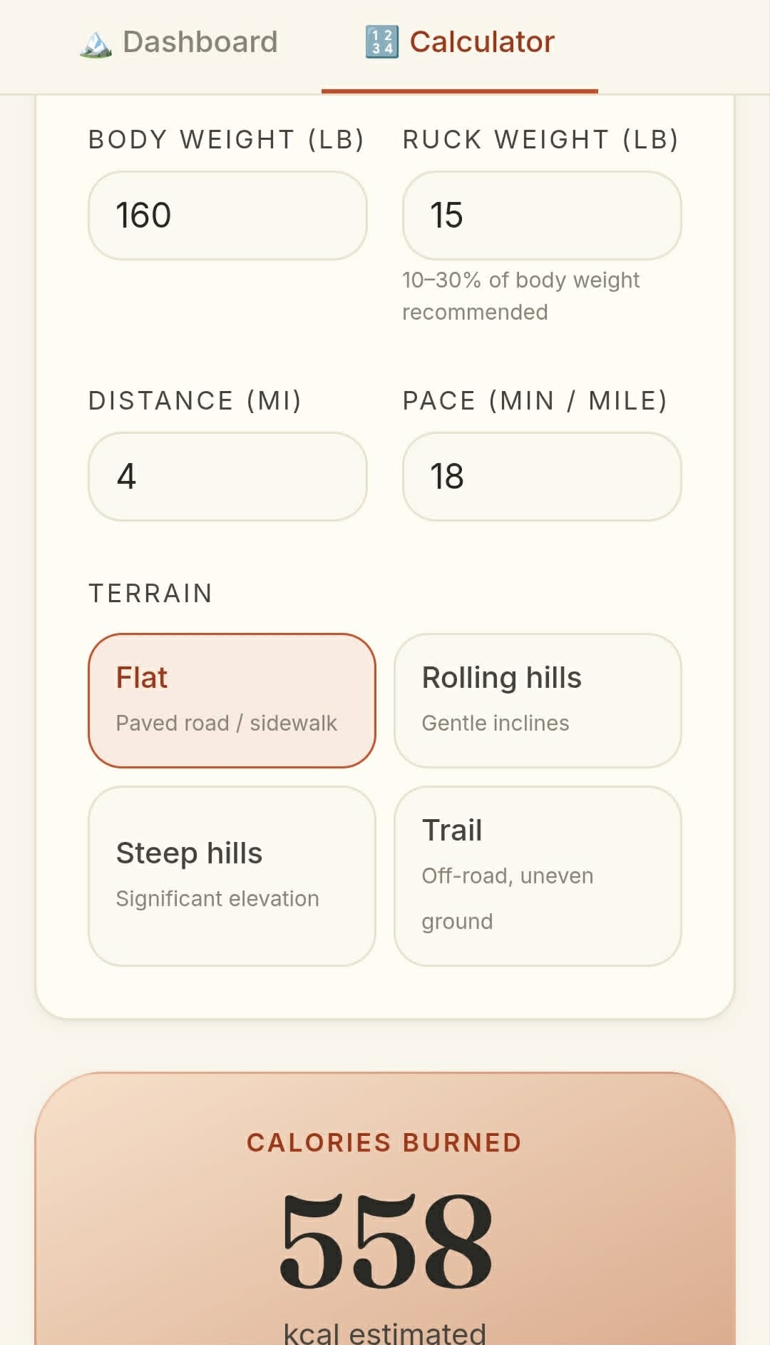 Calorie calculator showing 558 calories