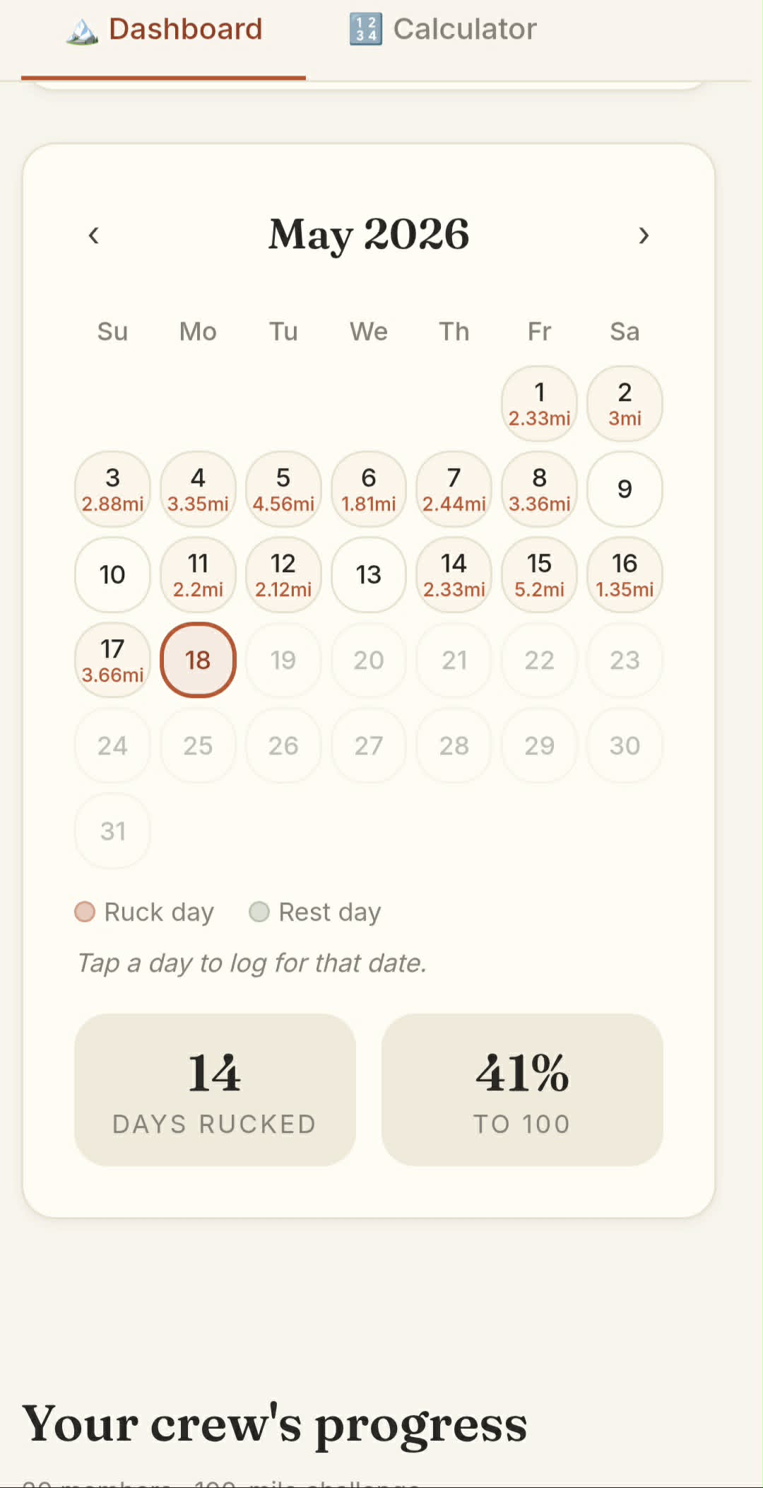 Calendar view with 14 days rucked